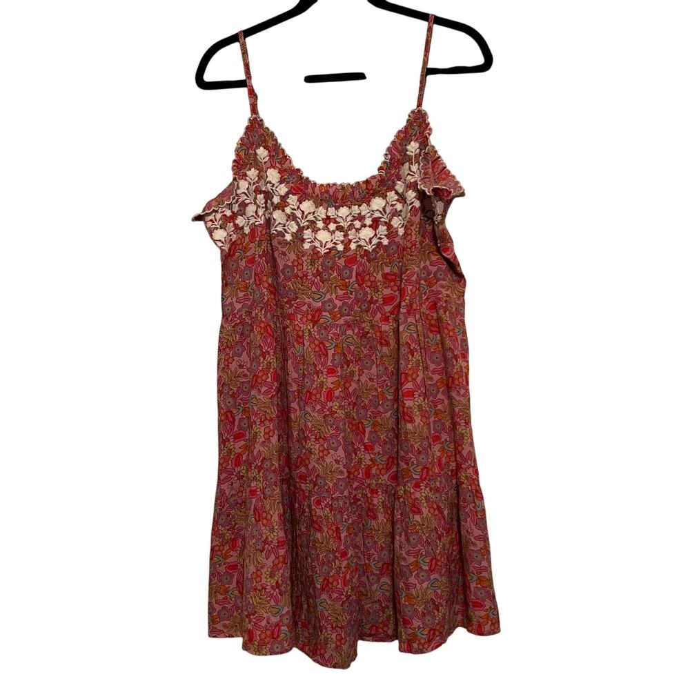 Natural Life Sundress Medium Pink Floral Tiered Embroidery Spaghetti Straps